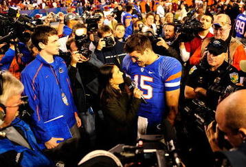 GAINESVILLE, FL - NOVEMBER 28:  Tim Tebow #15 of the Florida Gators speaks to the media following the game against the Florida State Seminoles at Ben Hill Griffin Stadium on November 28, 2009 in Gainesville, Florida.  (Photo by Sam Greenwood/Getty Images)