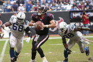 HOUSTON - NOVEMBER 29:  Quarterback Matt Schaub #8 of the Houston Texans releases the ball as he is sacked by defensive tackle Eric Foster #68 and defensive end  Robert Mathis #98 at Reliant Stadium on November 29, 2009 in Houston, Texas.  (Photo by Bob Levey/Getty Images)