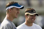 JACKSON, MS - AUGUST 26:  Quarterbacks Peyton Manning of the Indianapolis Colts and Drew Brees of the New Orleans Saints share a laugh before the game on August 26, 2006 at Veterans Memorial Stadium in Jackson, Mississippi.  The Colts won 27-14.    (Photo by Wesley Hitt/Getty Images)