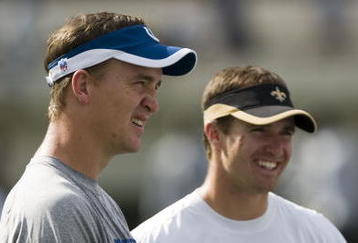JACKSON, MS - AUGUST 26:  Quarterbacks Peyton Manning of the Indianapolis Colts and Drew Brees of the New Orleans Saints share a laugh before the game on August 26, 2006 at Veterans Memorial Stadium in Jackson, Mississippi.  The Colts won 27-14.    (Photo by Wesley Hitt/Getty Images)