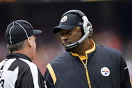KANSAS CITY, MO - NOVEMBER 22: Head Coach Mike Tomlin of the Pittsburgh Steelers talks with a referee against the Kansas City Chiefs at Arrowhead Stadium on November 22, 2009 in Kansas City, Missouri.  The Chiefs defeated the Steelers 27-24.  (Photo by Wesley Hitt/Getty Images)