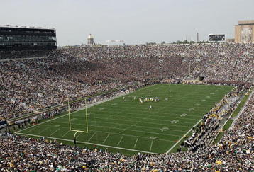 SOUTH BEND, IN - SEPTEMBER 16:  A general view is seen as the Michigan Wolverines run an offensive play against the defense of the Notre Dame Fighting Irish September 16, 2006 at Notre Dame Stadium in South Bend, Indiana.  (Photo by Chris Chambers/Getty Images)