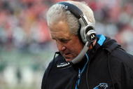 EAST RUTHERFORD, NJ - NOVEMBER 29: Head coach John Fox of the Carolina Panthers looks on against the New York Jets on November 29, 2009 at Giants Stadium in East Rutherford, New Jersey. The Jets defeated the Panthers 17-6. (Photo by Jim McIsaac/Getty Images)