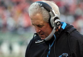 EAST RUTHERFORD, NJ - NOVEMBER 29:  Head coach John Fox of the Carolina Panthers looks on against the New York Jets on November 29, 2009 at Giants Stadium in East Rutherford, New Jersey. The Jets defeated the Panthers 17-6.  (Photo by Jim McIsaac/Getty Images)