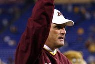 MINNEAPOLIS - SEPTEMBER 13:  Minnesota Golden Gophers' head coach Tim Brewster pumps his fist following his teams victory over the Montana State Bobcats at the Metrodome on September 13, 2008 in Minneapolis, Minnesota. Minnesota defeated Montana State 35-23.  (Photo by Jeff Gross/Getty Images)