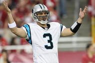 GLENDALE, AZ - NOVEMBER 01:  Quarterback Matt Moore #3 of the Carolina Panthers reacts to his coach during the NFL game against the Arizona Cardinals at the Universtity of Phoenix Stadium on November 1, 2009 in Glendale, Arizona.  The Panthers defeated the Cardinals 34-21.  (Photo by Christian Petersen/Getty Images)