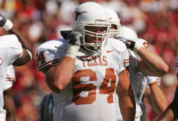 DALLAS - OCTOBER 7:  Offensive lineman Kasey Studdard #64 of the Texas Longhorns stands on the field during the Red River Shootout against the Oklahoma Sooners at the Cotton Bowl on October 7, 2006 in Dallas, Texas. The Longhorns won 28-10. (Photo by Ronald Martinez/Getty Images)
