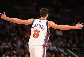 NEW YORK - DECEMBER 01:  Danilo Gallinari #8 of the New York Knicks reacts to a basket against the Phoenix Suns at Madison Square Garden on December 1, 2009 in New York, New York. NOTE TO USER: User expressly acknowledges and agrees that, by downloading and/or using this Photograph, user is consenting to the terms and conditions of the Getty Images License Agreement.  (Photo by Nick Laham/Getty Images)