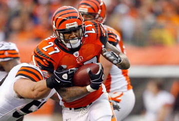 CINCINNATI - NOVEMBER 29:  Larry Johnson #27 of the Cincinnati Bengals runs with the ball  during the NFL game against the Cleveland Browns at Paul Brown Stadium on November 29, 2009 in Cincinnati, Ohio.  (Photo by Andy Lyons/Getty Images)