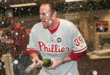 DENVER - OCTOBER 12:  Brett Myers #39 of the Philadelphia Phillies sprays champagne in the locker room after the victory against the Colorado Rockies in Game Four of the NLDS during the 2009 MLB Playoffs at Coors Field on October 12, 2009 in Denver, Colorado. The Phillies won the game 5-4 and the series 3-1.  (Photo by Jed Jacobsohn/Getty Images)