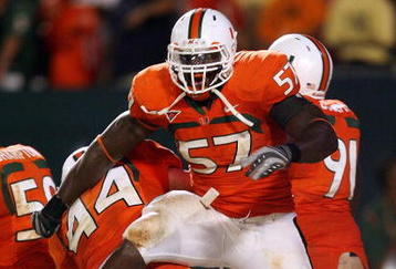 FORT LAUDERDALE, FL - SEPTEMBER 17:  Defensive lineman Allen Bailey #57 and linebacker Colin McCarthy #44 of the Miami Hurricanes celebrate after scoring a safety against the Georgia Tech Yellow Jackets at Land Shark Stadium on September 17, 2009 in Fort Lauderdale, Florida. Miami defeated Georgia Tech 33-17.  (Photo by Doug Benc/Getty Images)