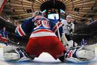 NEW YORK - NOVEMBER 30: Henrik Lundqvist #30 of the New York Rangers makes the stop against Sidney Crosby #87 of the Pittsburgh Penguins at Madison Square Garden on November 30, 2009 in New York City. The Penguins defeated the Rangers 5-2. (Photo by Bruce Bennett/Getty Images)