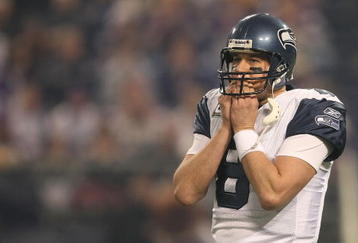 MINNEAPOLIS - NOVEMBER 22:  Matt Hasselbeck #8 of the Seattle Seahawks reacts after an incomplete pass against the Minnesota Vikings at Hubert H. Humphrey Metrodome on November 22, 2009 in Minneapolis, Minnesota.  (Photo by Nick Laham/Getty Images)