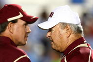 CHAPEL HILL, NC - OCTOBER 22:  Florida State Seminoles Head Coach Bobby Bowden, (R) and Offensive Coordinator Jimbo Fisher watch the pregame action prior to the start of the game against the North Carolina Tar Heels at Kenan Stadium on October 22, 2009 in Chapel Hill, North Carolina.  (Photo by Scott Halleran/Getty Images)