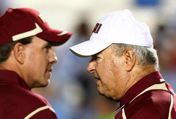 CHAPEL HILL, NC - OCTOBER 22:  Florida State Seminoles Head Coach Bobby Bowden, (R) and Offensive Coordinator Jimbo Fisher watch the pregame action prior to the start of the game against the North Carolina Tar Heels at Kenan Stadium on October 22, 2009 in Chapel Hill, North Carolina.  (Photo by Scott Halleran/Getty Images)