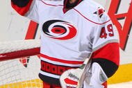 BUFFALO, NY - NOVEMBER 28:  Goaltender Michael Leighton #49 of the Carolina Hurricanes takes a water break during a break in NHL game action against the Buffalo Sabres on November 28, 2009 at HSBC Arena in Buffalo, New York. The Sabres defeated the Hurricanes 5-1. (Photo by Rick Stewart/Getty Images)