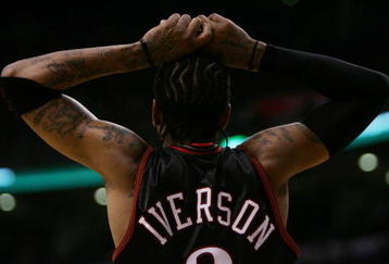 TORONTO - NOVEMBER 8:  Allen Iverson #3 of the Philadelphia 76ers rests his hands on his head during the game against the Toronto Raptors  on November 8, 2006 at the Air Canada Centre in Toronto, Canada. The Raptors defeated the Sixers 106-104. NOTE TO USER: User expressly acknowledges and agrees that, by downloading and or using this photograph, User is consenting to the terms and conditions of the Getty Images License Agreement.  (Photo by Harry How/Getty Images)