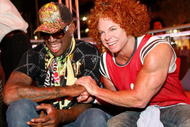 LAS VEGAS - MAY 16:  Former NBA player Dennis Rodman and Comedian Carrot Top celebrate at Hawaiian Tropic Zone's 'Torrid' Nightclub inside the Planet Hollywood Resort & Casino on May 16, 2008 in Las Vegas.  (Photo by Jacob Andrzejczak/Getty Images for Hawaiian Tropic Zone)