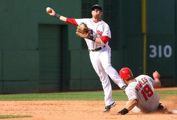 BOSTON - OCTOBER 11:  Dustin Pedroia #15 of the Boston Red Sox turns a double-play with the bases loaded and no outs as Kendry Morales #19 of the Los Angeles Angels of Anaheim is out at second base in the sixth inning of Game Three of the ALDS during the 2009 MLB Playoffs at Fenway Park on October 11, 2009 in Boston,  Massachusetts. (Photo by Jim Rogash/Getty Images)