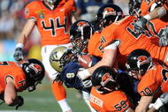 EL PASO, TX - DECEMBER 31:  T.J. Porter #9 of the Pittsburgh Panthers is tackled by Cameron Collins #5 of the Oregon State Beavers during the Brut Sun Bowl on December 31, 2008 at the Sun Bowl in El Paso, Texas.  (Photo by Ronald Martinez/Getty Images)