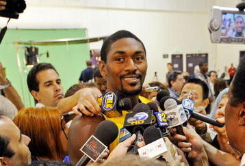 EL SEGUNDO, CA - SEPTEMBER 29: Ron Artest #37 of the Los Angeles Lakers speaks to reporters during Lakers media day at the Lakers training facility on September 29, 2009 in El Segundo, California.  NOTE TO USER: User expressly acknowledges and agrees that, by downloading and/or using this Photograph, user is consenting to the terms and conditions of the Getty Images License Agreement.  (Photo by Kevork Djansezian/Getty Images)