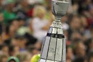 TORONTO, ON - NOVEMBER 25:  A Saskatchewan Rough Riders fan holds up a replica of the Grey Cup in a victory over the Winnipeg Blue Bombers during the 95th Grey Cup on November 25, 2007 at the Rogers Centre in Toronto, Ontario, Canada.  (Photo by Harry How/Getty Images)