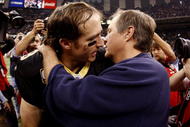 NEW ORLEANS - NOVEMBER 30: Quarterback Drew Brees #9 of the New Orleans Saints is congratulated by head coach Bill Belichick of the New England Patriots after the game at Louisana Superdome on November 30, 2009 in New Orleans, Louisiana. The Saints remain undefeated at 11-0 with their 38-17 victory. (Photo by Chris Graythen/Getty Images)
