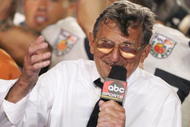 MIAMI GARDENS, FL - JANUARY 3:  Head coach Joe Paterno of the Penn State Nittany Lions talk to the fans as they receive the Championship Trophy after defeating Florida State Seminoles in the Fed Ex Orange Bowl at Dolphins Stadium on January 3, 2005 in Miami Gardens, Florida. Penn State defeated Florida State 26-23. (Photo by Al Bello/Getty Images.)