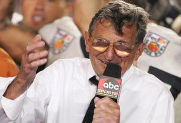 MIAMI GARDENS, FL - JANUARY 3:  Head coach Joe Paterno of the Penn State Nittany Lions talk to the fans as they receive the Championship Trophy after defeating Florida State Seminoles in the Fed Ex Orange Bowl at Dolphins Stadium on January 3, 2005 in Miami Gardens, Florida. Penn State defeated Florida State 26-23. (Photo by Al Bello/Getty Images.)