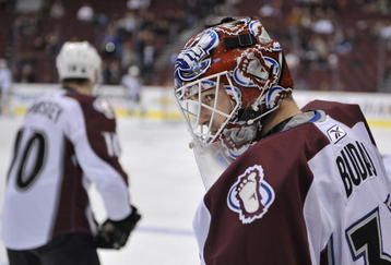 VANCOUVER, CANADA - NOVEMBER 1: Peter Budaj #31 of the Colorado Avalanche looks over toward the Vancouver Canucks team bench during warmup at General Motors Place on November 1, 2009 in Vancouver, Canada.   (Photo by Nick Didlick/Getty Images)