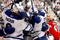 TORONTO - NOVEMBER 21:  Niklas Hagman #9, Jason Blake #55 and Carl Gunnarsson #36 of the Toronto Maple Leafs celebrate goal against the Washington Capitals during game action November 21, 2009 at the Air Canada Centre in Toronto, Ontario, Canada. (Photo by Abelimages/Getty Images)