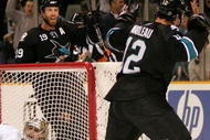 SAN JOSE, CA - DECEMBER 01:  Patrick Marleau #12 and Joe Thornton #19 of the San Jose Sharks celebrate after Marleau scored a goal on goalie Brian Elliott #30 of the Ottawa Senators at HP Pavilion on December 1, 2009 in San Jose, California.  (Photo by Ezra Shaw/Getty Images)