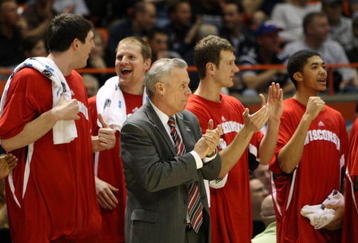 BOISE, ID - MARCH 20:  Head coach of the Wisconsin Badgers, Bo Ryan, and the bench cheer during their game against the Florida State Seminoles in the first round of the NCAA Division I Men's Basketball Tournament at the Taco Bell Arena on March 20, 2009 in Boise, Idaho.  (Photo by Jed Jacobsohn/Getty Images)