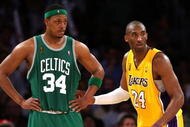 LOS ANGELES, CA - JUNE 12:  Paul Piece #34 of the Boston Celtics is guarded by Kobe Bryant #24 of the Los Angeles Lakers in Game Four of the 2008 NBA Finals on June 12, 2008 at Staples Center in Los Angeles, California.  NOTE TO USER: User expressly acknowledges and agrees that, by downloading and/or using this Photograph, user is consenting to the terms and conditions of the Getty Images License Agreement.  (Photo by Stephen Dunn/Getty Images)