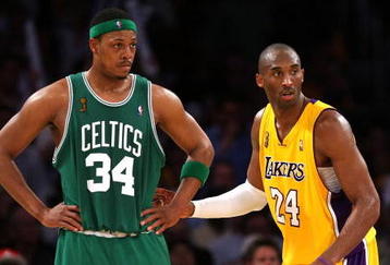 LOS ANGELES, CA - JUNE 12:  Paul Piece #34 of the Boston Celtics is guarded by Kobe Bryant #24 of the Los Angeles Lakers in Game Four of the 2008 NBA Finals on June 12, 2008 at Staples Center in Los Angeles, California.  NOTE TO USER: User expressly acknowledges and agrees that, by downloading and/or using this Photograph, user is consenting to the terms and conditions of the Getty Images License Agreement.  (Photo by Stephen Dunn/Getty Images)