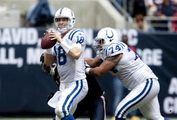 HOUSTON - NOVEMBER 29:  Quarterback Peyton Manning #18 of the Indianapolis Colts looks down-field for a receiver as offensive tackle Charlie Johnson #74 blocks defensive end Mario Williams #90 of the Houston Texans at Reliant Stadium on November 29, 2009 in Houston, Texas.  (Photo by Bob Levey/Getty Images)