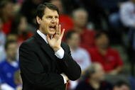 OMAHA, NE - MARCH 20: Head coach Ken Bone of the Portland State Vikings coaches against the Kansas Jayhawks during the Midwest Region first round of the 2008 NCAA Men's Basketball Tournament on March 20, 2008 at the Qwest Center in Omaha, Nebraska. (Photo by Jamie Squire/Getty Images)