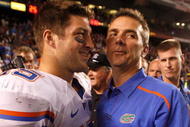 COLUMBIA, SC - NOVEMBER 14:  Head coach Urban Meyer and quarterback Tim Tebow #15 of the Florida Gators celebrate after a 24-14 victory over the South Carolina Gamecocks during their game at Williams-Brice Stadium on November 14, 2009 in Columbia, South Carolina.  (Photo by Streeter Lecka/Getty Images)