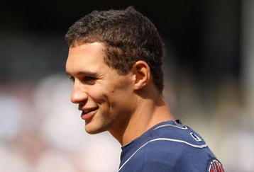 NEW YORK - APRIL 19:  Grady Sizemore #24 of the Cleveland Indians stands on first base after getting a hit during their game against the New York Yankees at Yankee Stadium on April 19, 2009 in the Bronx borough of New York City.  (Photo by Ezra Shaw/Getty Images)