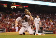 ANAHEIM, CA - OCTOBER 08:  Kevin Youkilis #20 of the Boston Red Sox reacts at first base after  Howie Kendrick #47 of the Los Angeles Angels of Anaheim is called safe in sixth inning of Game One of the ALDS at Angel Stadium on October 8, 2009 in Anaheim, California. (Photo by Kevork Djansezian/Getty Images)