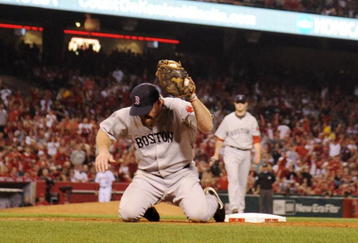 ANAHEIM, CA - OCTOBER 08:  Kevin Youkilis #20 of the Boston Red Sox reacts at first base after  Howie Kendrick #47 of the Los Angeles Angels of Anaheim is called safe in sixth inning of Game One of the ALDS at Angel Stadium on October 8, 2009 in Anaheim, California. (Photo by Kevork Djansezian/Getty Images)