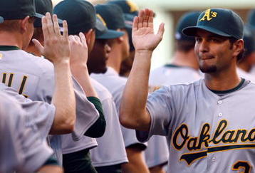 ANAHEIM, CA - APRIL 06:  Eric Chavez #3 of the Oakland Athletics receives high fives from his teammates prior to the start of the opening day game against the Los Angeles Angels of Anaheim at Angel Stadium on April 6, 2009 in Anaheim, California.  The Angels defeated the Athletics 3-0.  (Photo by Jeff Gross/Getty Images)