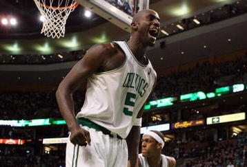 BOSTON - FEBRUARY 08:  Kevin Garnett #5 of the Boston Celtics celebrates a shot against the San Antonio Spurs on February 8, 2009 at TD Banknorth Garden in Boston, Massachusetts. The Spurs defeated the Celtics 105-99. NOTE TO USER: User expressly acknowledges and agrees that, by downloading and or using this Photograph, user is consenting to the terms and conditions of the Getty Images License Agreement.  (Photo by Elsa/Getty Images)