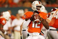 MIAMI GARDENS, FL - OCTOBER 03:  Quarterback Jacory Harris #12 of the Miami Hurricanes drops back to pass against the Oklahoma Sooners at Land Shark Stadium on October 3, 2009 in Miami Gardens, Florida. Miami defeated Oklahoma 21-20.  (Photo by Doug Benc/Getty Images)