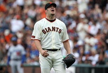 SAN FRANCISCO - SEPTEMBER 13: Brad Penny #31 of the San Francisco Giants reacts during the fourth inning against the Los Angeles Dodgers during a Major League Baseball game at AT&T Park on September 13, 2009 in San Francisco, California. (Photo by Jed Jacobsohn/Getty Images)
