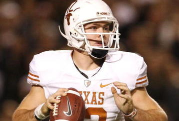 COLLEGE STATION, TX - NOVEMBER 26: Quarterback Colt McCoy #12 of the Texas Longhorns looks to pass the ball downfield against the Texas A&M Aggies in the second half at Kyle Field on November 26, 2009 in College Station, Texas. The Longhorns defeated the Aggies 49-39. (Photo by Aaron M. Sprecher/Getty Images)