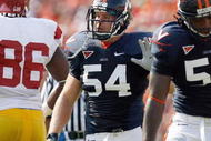 CHARLOTTESVILLE, VA - AUGUST 30: Jon Copper #54 of the Virginia Cavaliers moves on the field during the game against the Southern California Trojans during the game at Scott Stadium on August 30, 2008 in Charlottesville, Virginia. (Photo by Kevin C. Cox/Getty Images)
