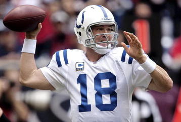 HOUSTON - NOVEMBER 29:  Quarterback Peyton Manning #18 of the Indianapolis Colts looks down-field for a receiver in the first quarter against the Houston Texans at Reliant Stadium on November 29, 2009 in Houston, Texas.  (Photo by Bob Levey/Getty Images)
