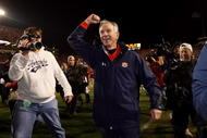 AUBURN, AL - NOVEMBER 24:  Head coach Tommy Tuberville of the Auburn Tigers celebrates after his team's victory over the Alabama Crimson Tide at Jordan-Hare Stadium on November 24, 2007 in Auburn, Alabama. Auburn defeated Alabama for their sixth straight win over the Crimson Tide.  (Photo by Doug Benc/Getty Images)