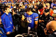 GAINESVILLE, FL - NOVEMBER 28: Tim Tebow #15 of the Florida Gators speaks to the media following the game against the Florida State Seminoles at Ben Hill Griffin Stadium on November 28, 2009 in Gainesville, Florida. (Photo by Sam Greenwood/Getty Images)